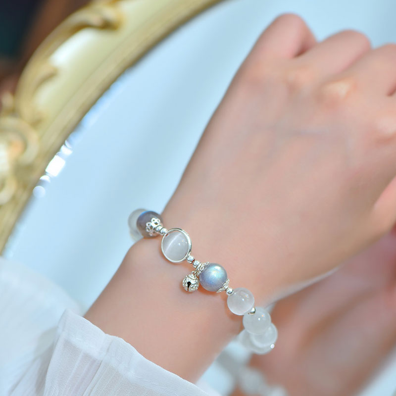 Braccialetto di supporto dell'amore con pietra di luna e occhio di gatto in argento sterling 925 Buddha Stones