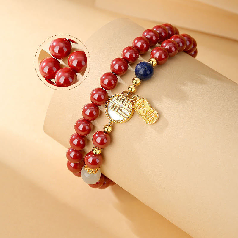 Braccialetto di benedizione a doppio giro con carattere Fu, in argento sterling 925, cinabro e tridacna in pietra Buddha Stones
