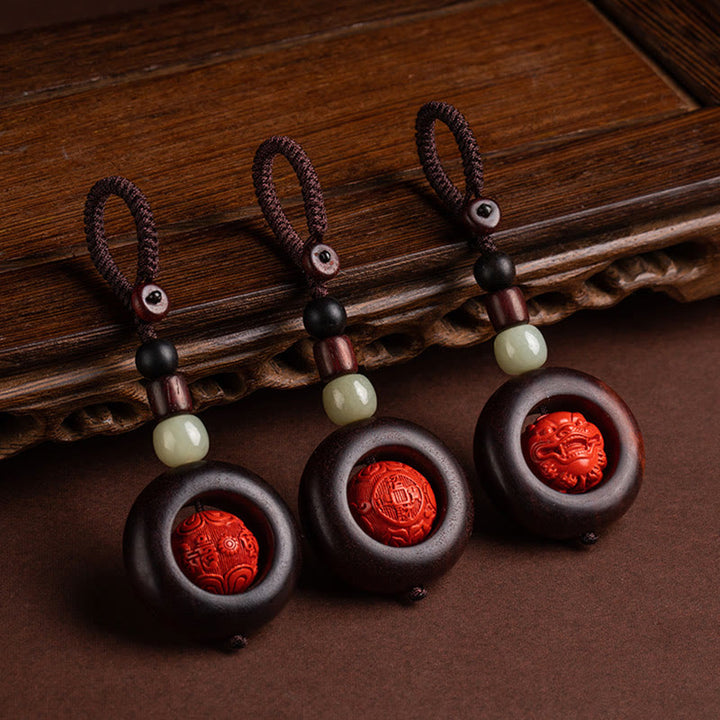 Buddha Stones Tibet Om Mani Padme Hum PiXiu Moneta di rame Piccola foglia Sandalo rosso Cinabro Protezione Portachiavi