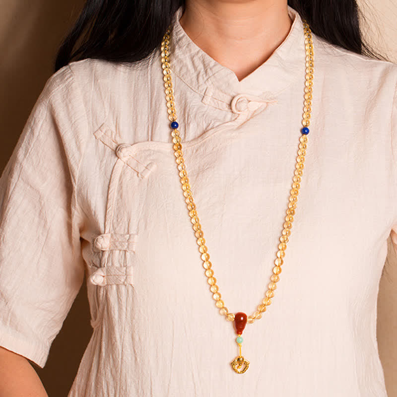 Braccialetto con ciondolo in argento sterling 925, 108 perline Mala, citrino naturale, agata rossa, ambra e piacere