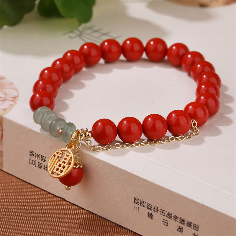 Braccialetto di giada calma con carattere Fu di cinabro e Buddha Stones