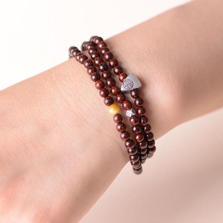Braccialetto a triplo giro con protezione del carattere Fu, in argento Buddha Stones 925, con piccola foglia indiana in legno di sandalo rosso