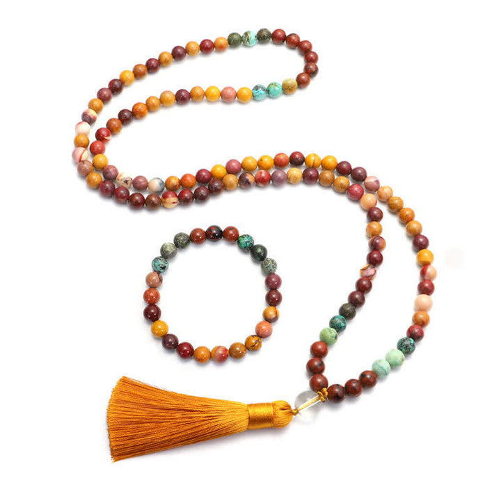 Buddha Stones 108 Mala Beads Mookaite Braccialetto di crescita emozionale Collana con nappa Pendente