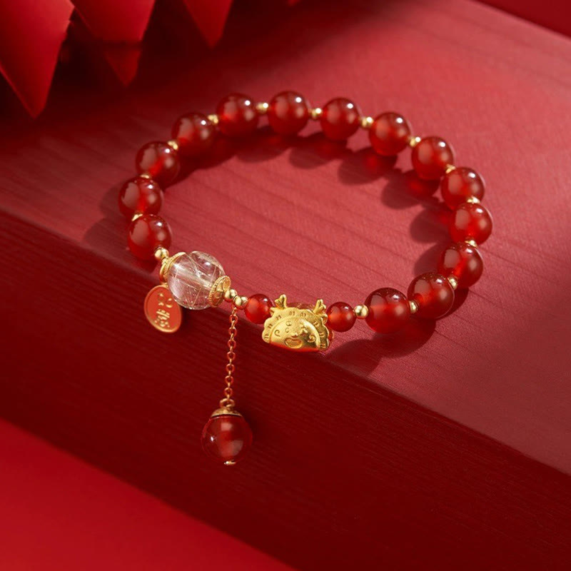 Buddha Stones Anno del Drago Gnocco Agata Rossa Naturale Granato Giada Hetian Fu Carattere Braccialetto Fortuna Successo - Agata rossa (circonferenza polso 14-16 cm) - image 0