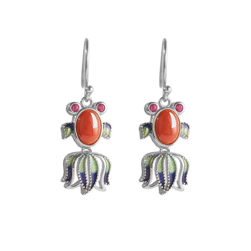 Orecchini pendenti a forma di pesce carino con agata rossa, giada bianca e argento sterling 925
