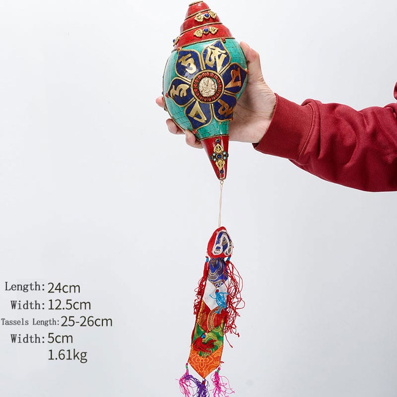 Shankha tibetano fatto a mano Om Mani Padme Hum Buddha Avalokitesvara Turchese Conchiglia Decorazione positiva - Om Mani Padme Hum-Tara Bianca 24*12,5 cm - image 25