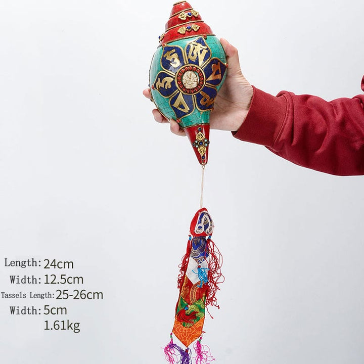 Shankha tibetano fatto a mano Om Mani Padme Hum Buddha Avalokitesvara Turchese Conchiglia Decorazione positiva - Om Mani Padme Hum-Tara Bianca 24*12,5 cm - image 25