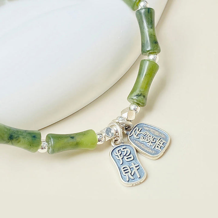 Bracciale Buddha Stones 925 Sterling Silver Bamboo Jade Lucky Cat Fu Character Luck Abundance