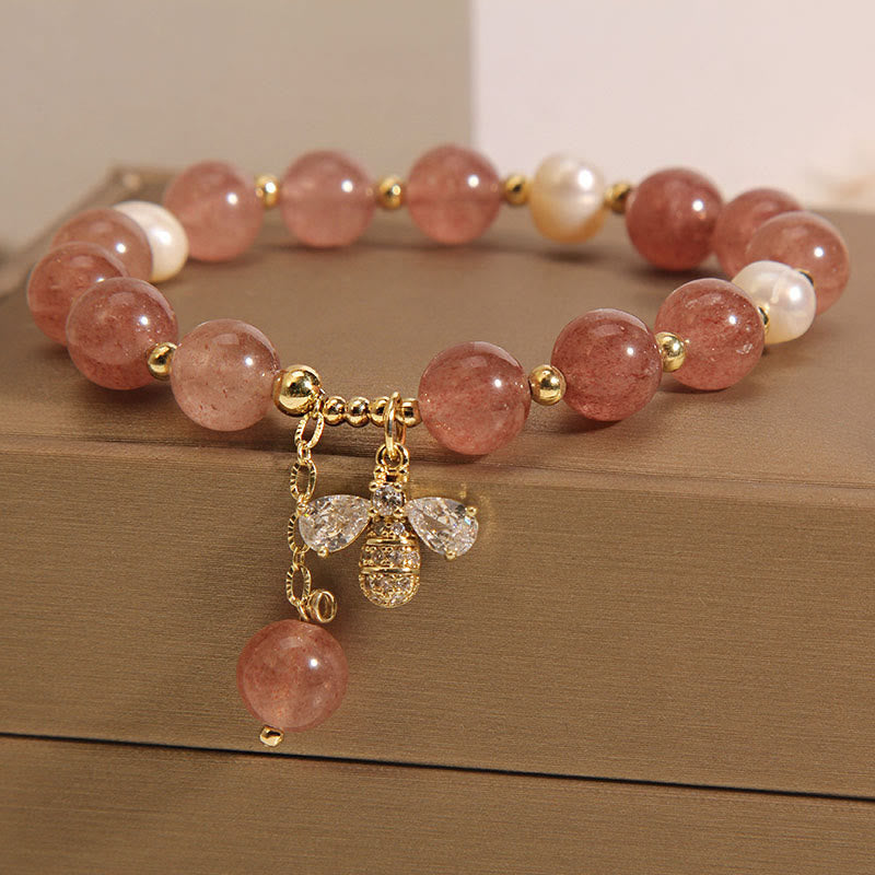 Braccialetto con ciondolo positivo ape con zircone carino e quarzo fragola perla Buddha Stones