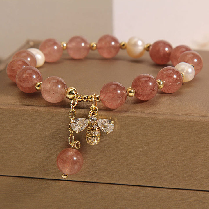 Braccialetto con ciondolo positivo ape con zircone carino e quarzo fragola perla Buddha Stones