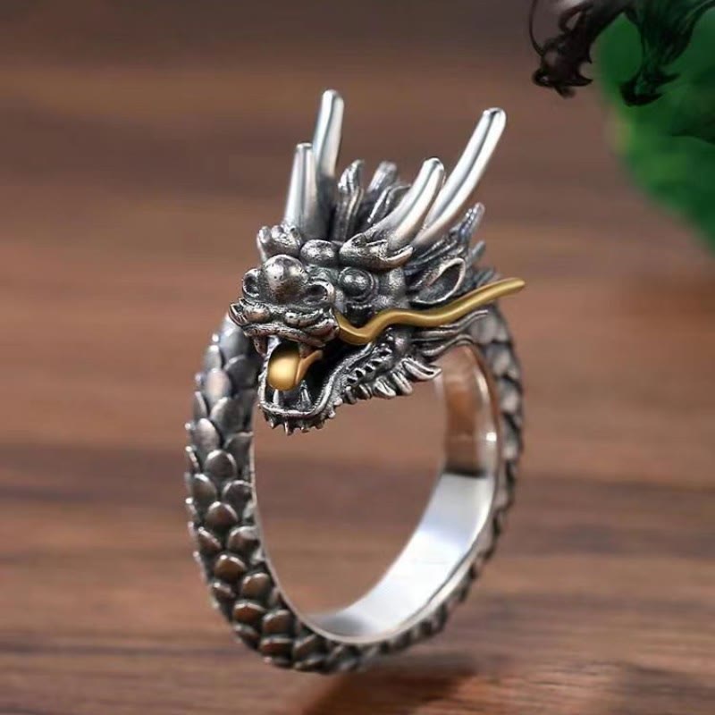 Anello regolabile con design vintage a forma di drago in argento sterling 925 Buddha Stones e forza di protezione - Drago di rame - image 0