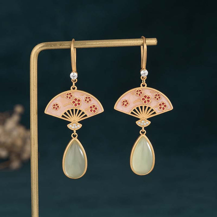 Orecchini pendenti con motivo a ventaglio in avventurina verde naturale Buddha Stones