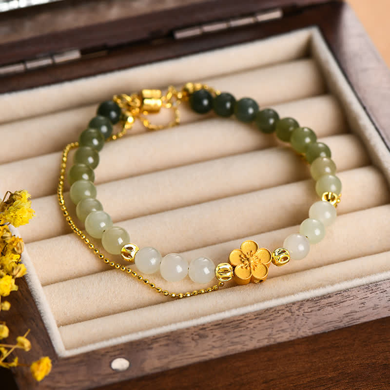 Bracciale Buddha Stones in argento sterling 925 con giada naturale Hetian e fiori di pesco