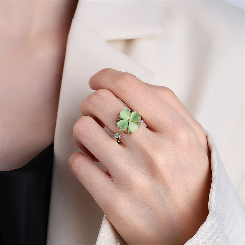 Anello girevole Buddha Stones Cat's Eye Four Leaf Clover Zircone Love