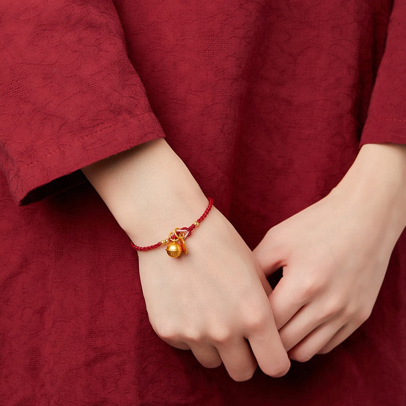 Braccialetto in corda rossa con ciondolo a forma di carattere Fu fatto a mano con Buddha Stones e campanella della fortuna e della felicità