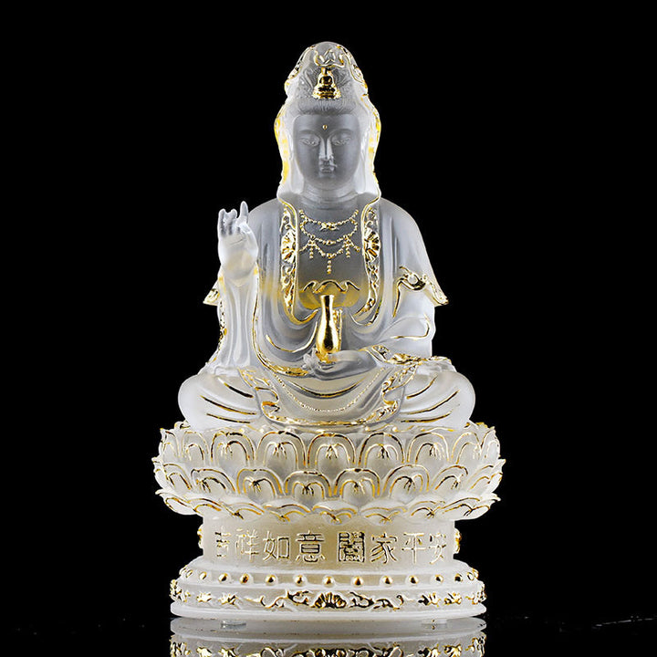 Buddha Stones Kwan Yin Avalokitesvara Figurina fatta a mano Liuli Cristallo Pezzo d'arte Statua della ricchezza Offerta per la casa Decorazione - 15,5 cm Bianco e Oro - image 8
