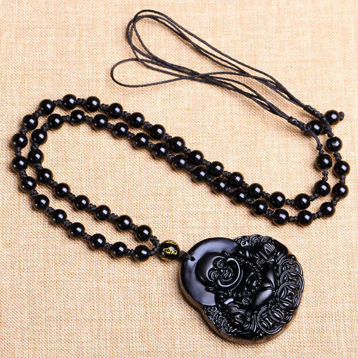 Collana con ciondolo Buddha Stones Laughing Buddha in ossidiana nera, forza e protezione - image 5