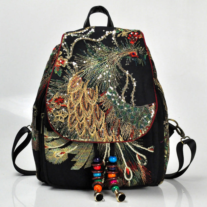 Zaino in tela con nappa e ricamo di pavone Buddha Stones