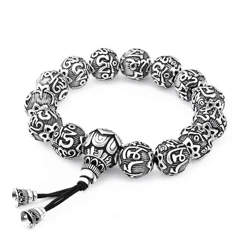 Braccialetto amuleto con perline in lega intagliata , Buddha Stones tibetane Om Mani Padme Hum