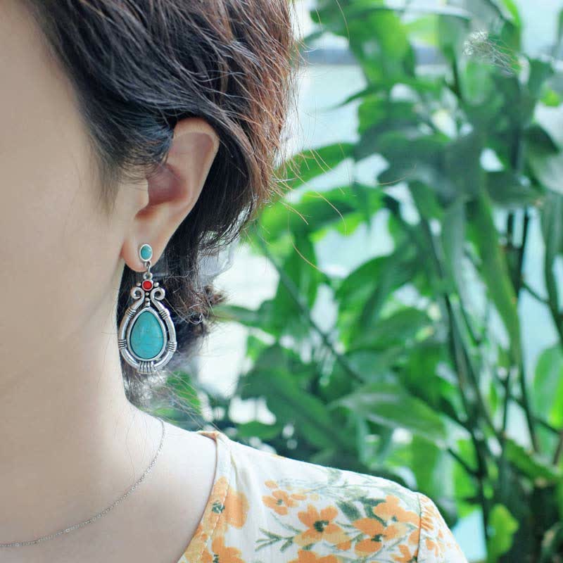 Orecchini pendenti a goccia in turchese vintage tibetano con clip