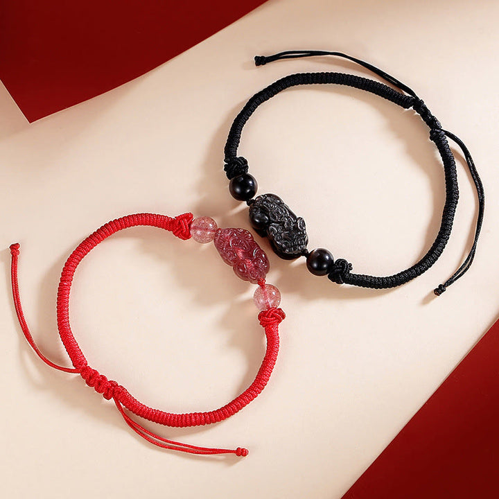 Braccialetto intrecciato di protezione PiXiu in quarzo fragola con ossidiana lucida in argento naturale fatto a mano Buddha Stones