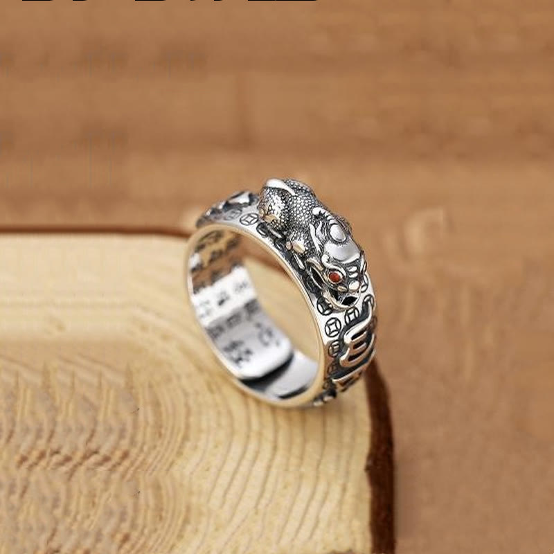 Anello di ricchezza inciso Buddha Stones in argento sterling 990 tibetano Om Mani Padme Hum PiXiu Dorje Vajra Heart Sutra - Argento - PiXiu - image 14