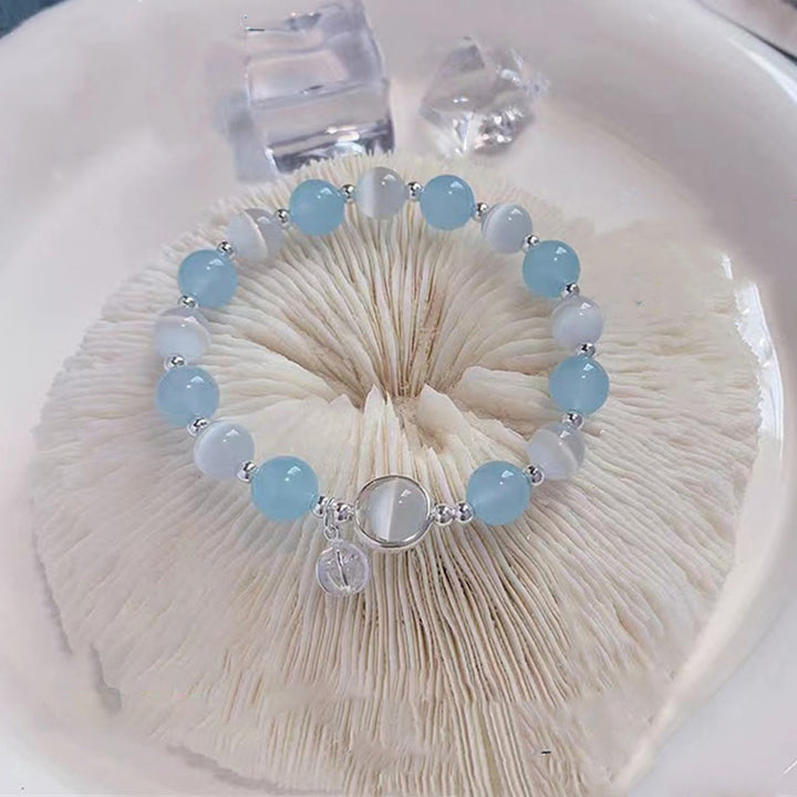 Braccialetto con ciondolo di supporto in argento sterling 925 con occhio di gatto e acquamarina Buddha Stones