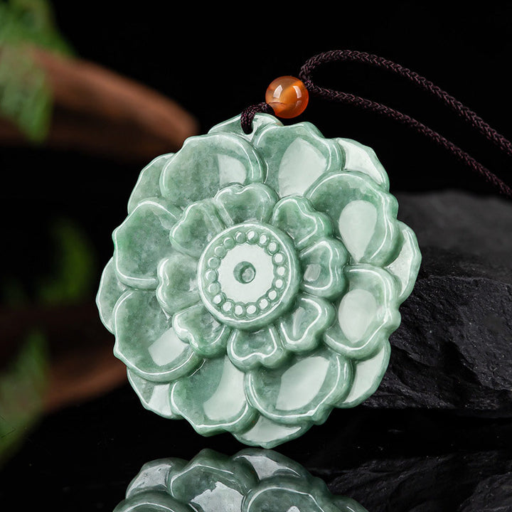 Collana con ciondolo in giada con motivo a loto Buddha Stones, motivo a loto, fortuna e prosperità