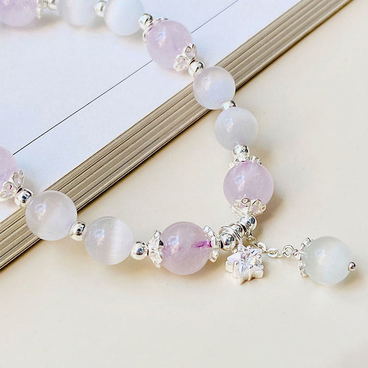 Braccialetto di consapevolezza spirituale con stella in argento sterling 925, ametista naturale e occhio di gatto , Buddha Stones