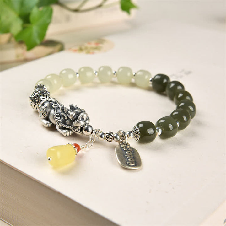 Braccialetto della fortuna PiXiu in argento sterling 925 Buddha Stones e giada naturale di Hetian e ambra