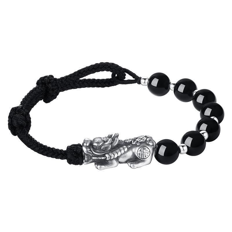 Buddha Stones 999 Sterling Silver FengShui PiXiu Ossidiana nera naturale 925 Sterling Silver Bead Strength Bracciale - image 11