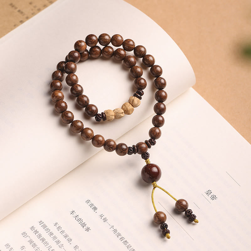 Braccialetto doppio giro Buddha Stones Sandalo Foglia piccola Sandalo rosso Bodhi Seme Purificazione