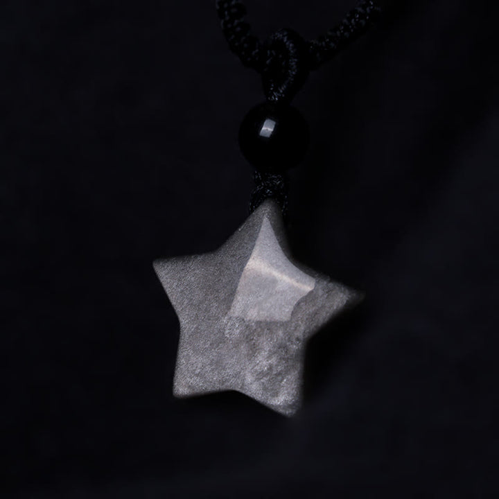 Collana con ciondolo a forma di mezzaluna stellata in ossidiana naturale Buddha Stones argento