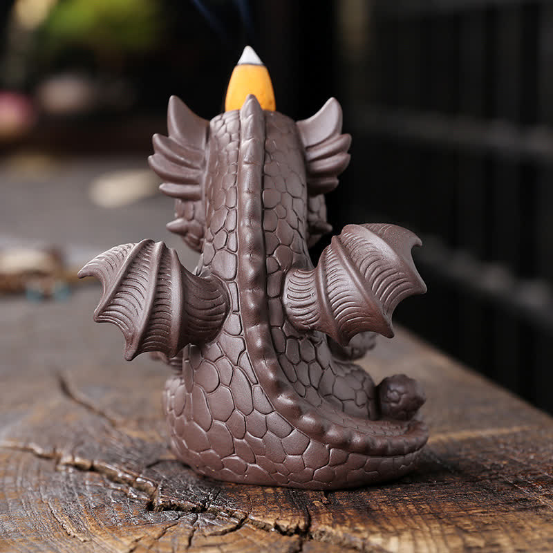 Bella fontana di fumo a riflusso in argilla viola con dinosauro, decorazione per bruciatore di incenso curativo