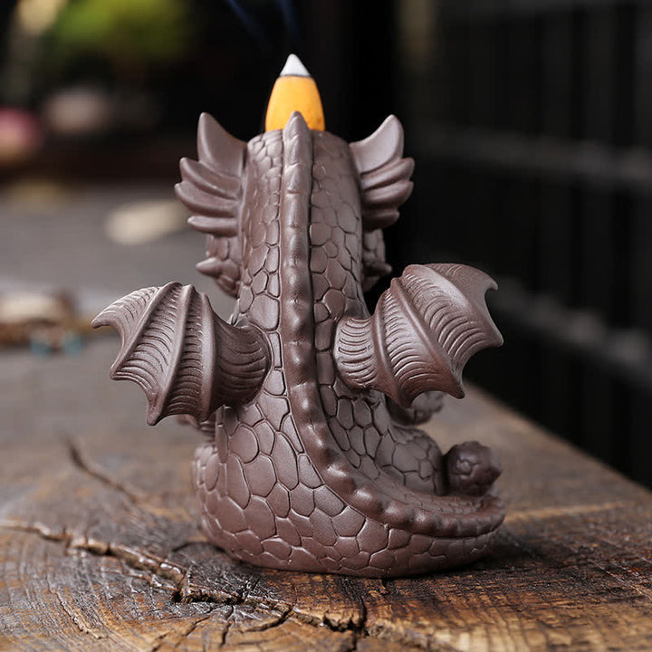 Bella fontana di fumo a riflusso in argilla viola con dinosauro, decorazione per bruciatore di incenso curativo