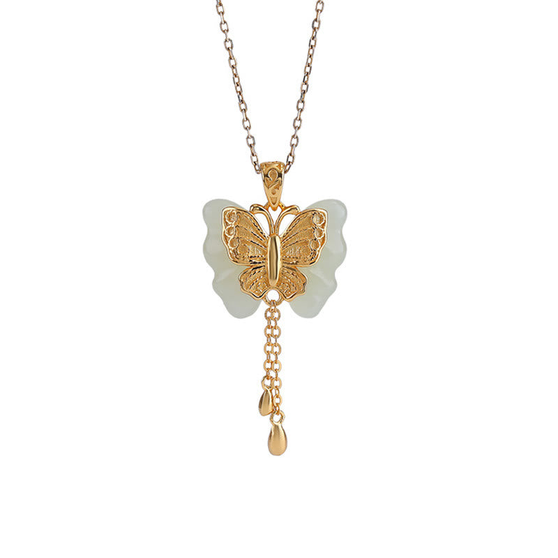 Collana con ciondolo a forma di farfalla in giada bianca Hetian, placcata in argento sterling 925, con Buddha Stones e ciondolo a forma di farfalla in giada bianca Hetian.
