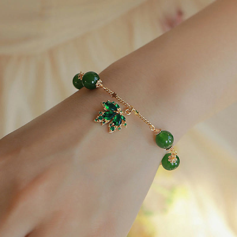 Bracciale Buddha Stones placcato oro 14k calcedonio verde foglia d'acero coraggio forza