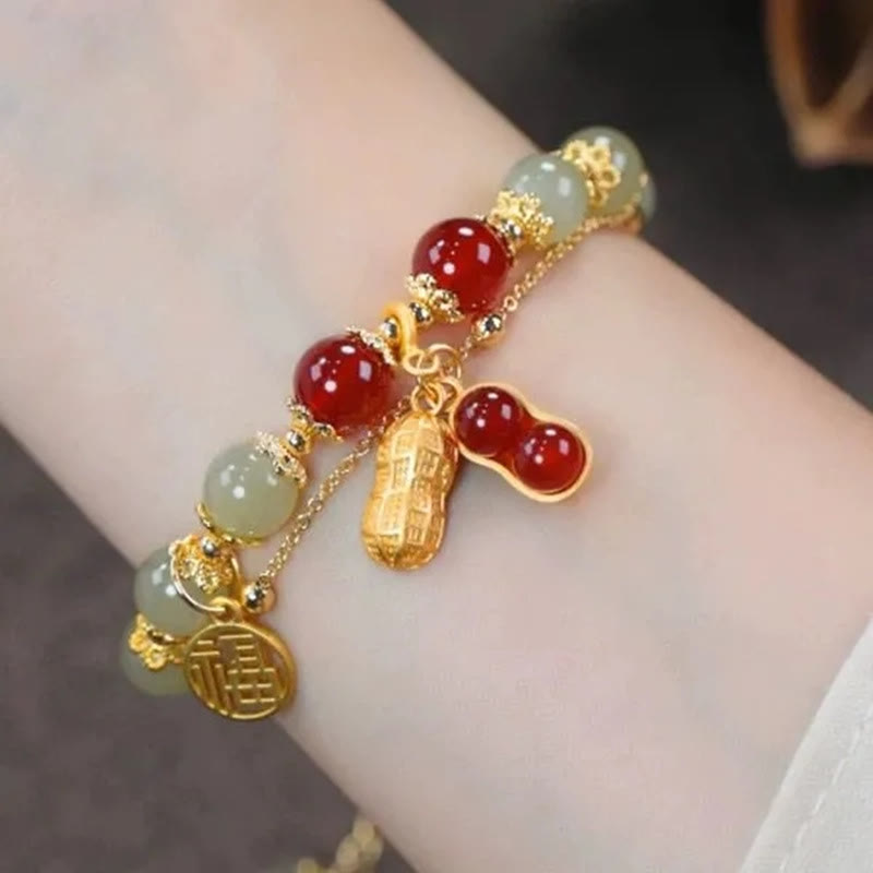 Braccialetto di perline con carattere Fu , Buddha Stones di giada, foglia di ginkgo, tulipano, arachidi e fortuna