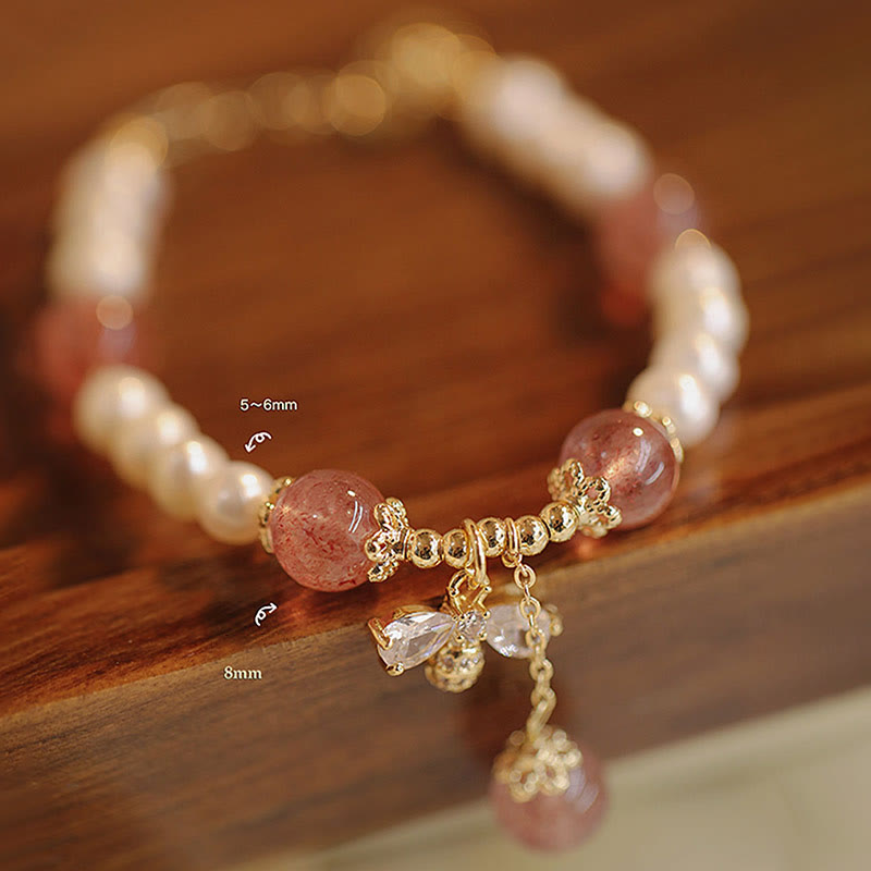 Braccialetto con ciondolo ape carino con perle naturali e quarzo fragola Buddha Stones