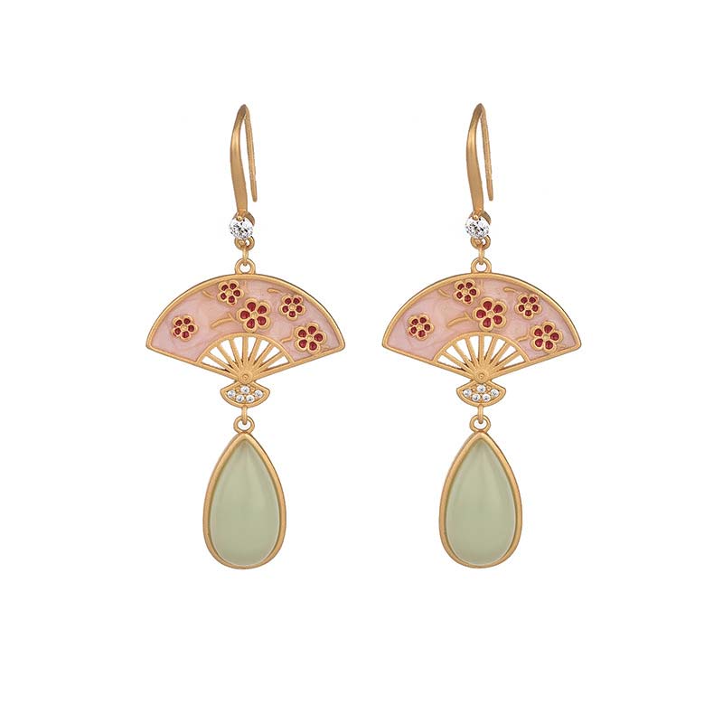 Orecchini pendenti con motivo a ventaglio in avventurina verde naturale Buddha Stones