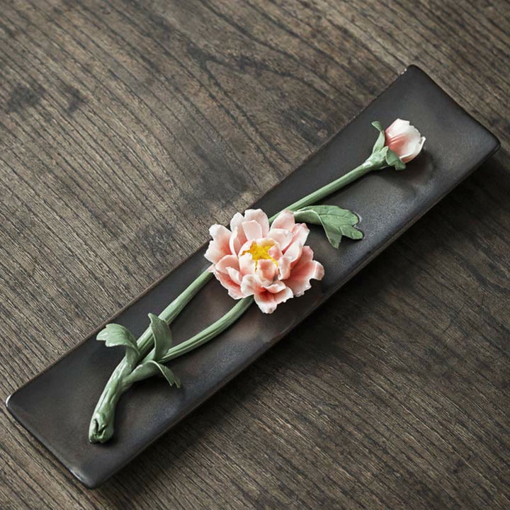Buddha Stones Lotus Peonia Rosa Fiore Ceramica Bruciatore di Incenso Spirituale