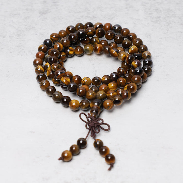 Buddha Stones Tibetano 108 Perle di Pietra Preghiera Occhio di Tigre Naturale Mala Bracciale Collana