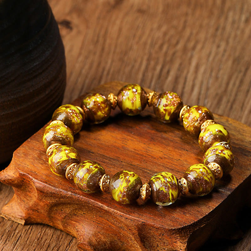 Buddha Stones Oro Deglutizione Bestia Famiglia Ciondolo Liuli Perline di Vetro Braccialetto della Fortuna