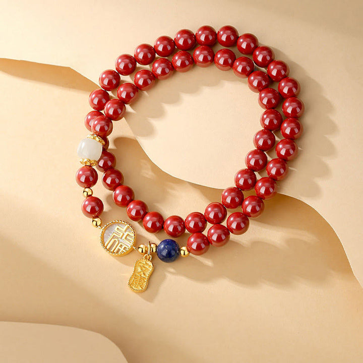 Braccialetto di benedizione a doppio giro con carattere Fu, in argento sterling 925, cinabro e tridacna in pietra Buddha Stones