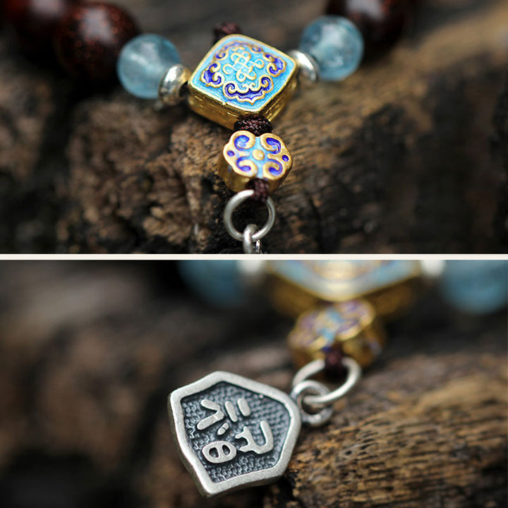 Bracciale Buddha Stones 925 Sterling Silver Indiano Piccola Foglia Sandalo Rosso Acquamarina Pieno di Stella d'Oro Cinese Nodo Benedizione Bracciale