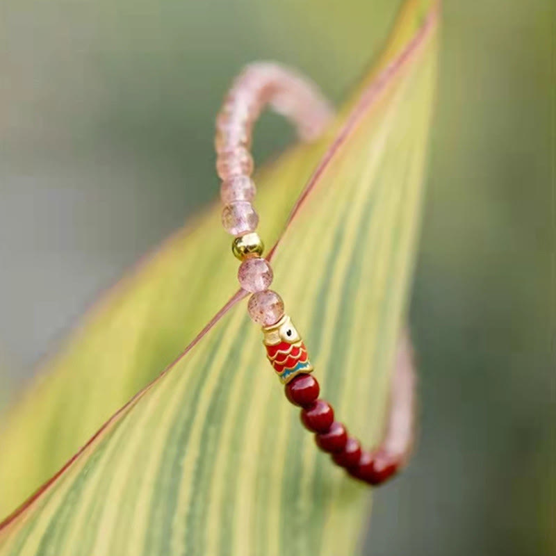 Braccialetto curativo con pesce koi portafortuna in quarzo fragola naturale cinabro Buddha Stones