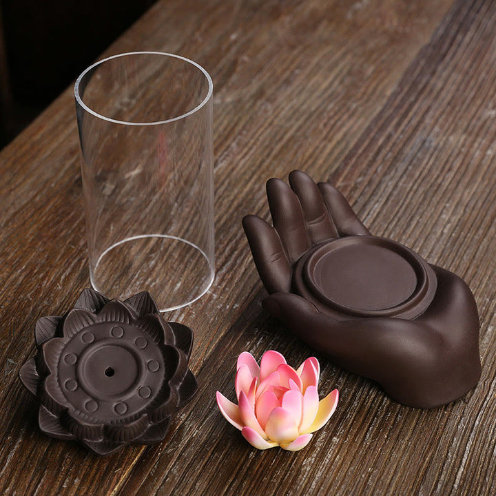 Buddha Stones Mano di Buddha Loto Illuminazione LED Luce Viola Argilla Ceramica Bruciatore di Incenso Decorazione
