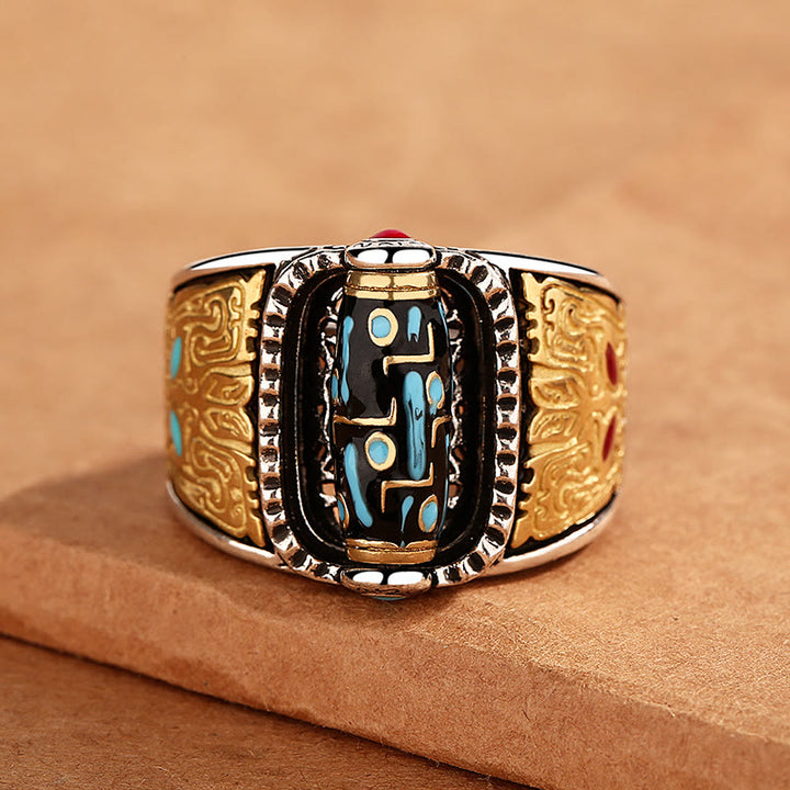Buddha Stones Tibetano Nove Occhi Dzi Bead Ricchezza Benedizioni Anello Rotante