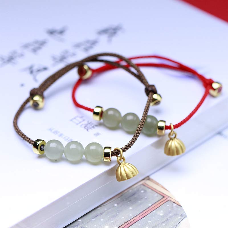 Braccialetto intrecciato con corda rossa in semi di loto di giada naturale Buddha Stones