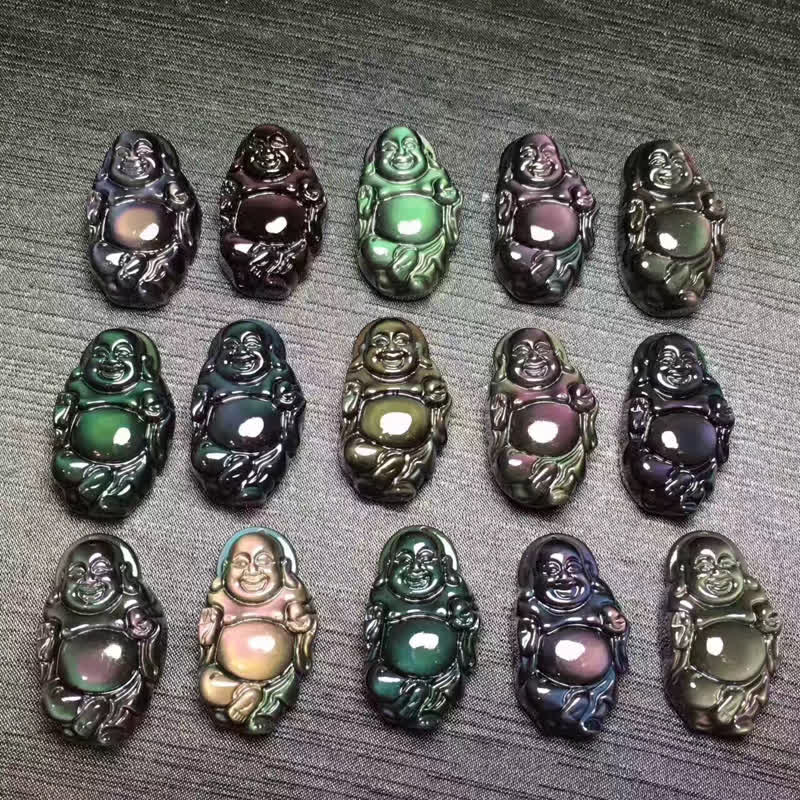 Collana con ciondolo Buddha che ride in ossidiana arcobaleno naturale con pace interiore - image 12